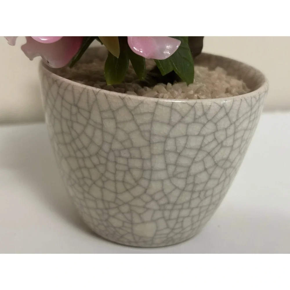 Vintage Japanese Glass Bonsai Tree Pink Flower Crackle Glaze Pot Japan 9in